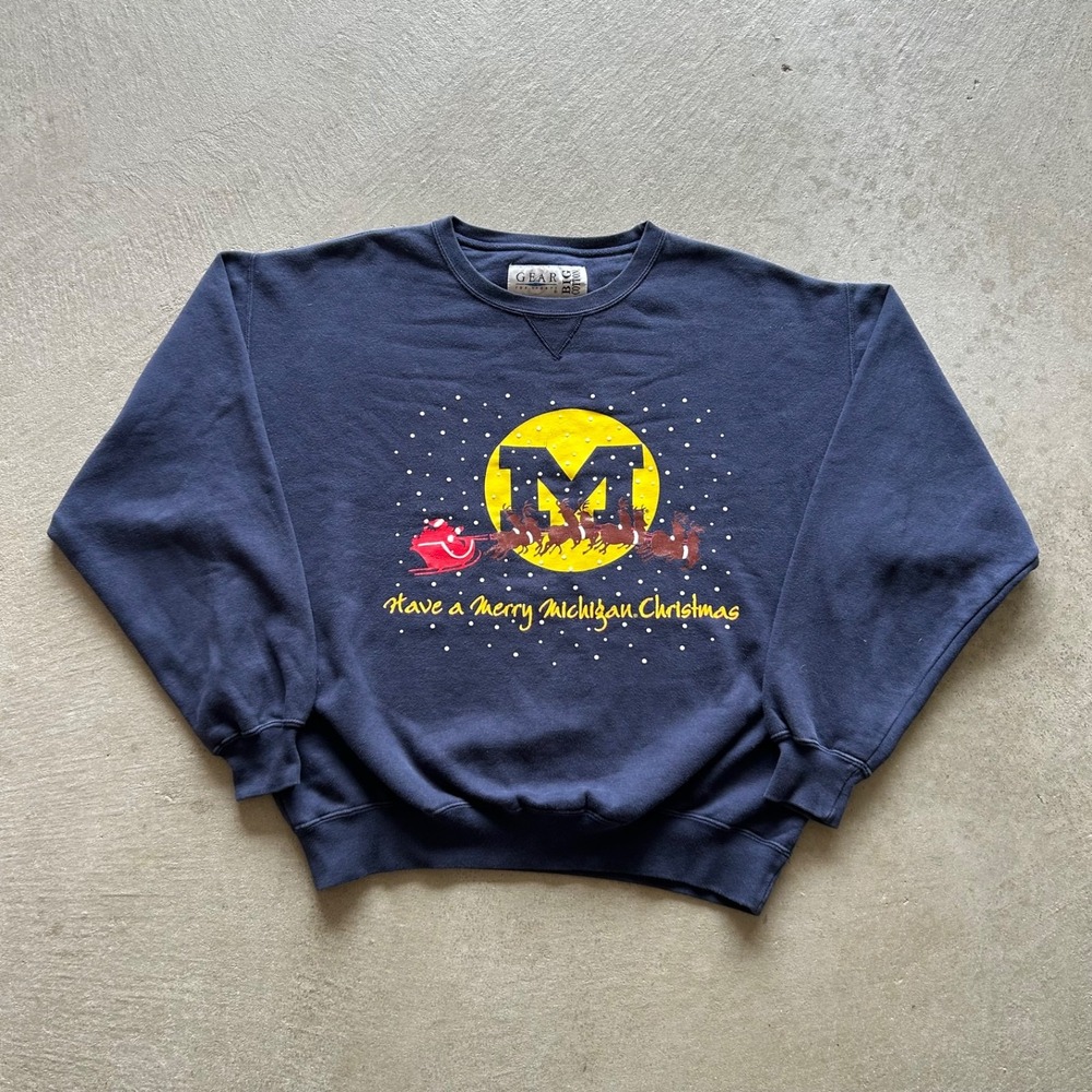 Vintage 90s Michigan Wolverines Christmas Sweatshirt Size Small Navy Blue Santa